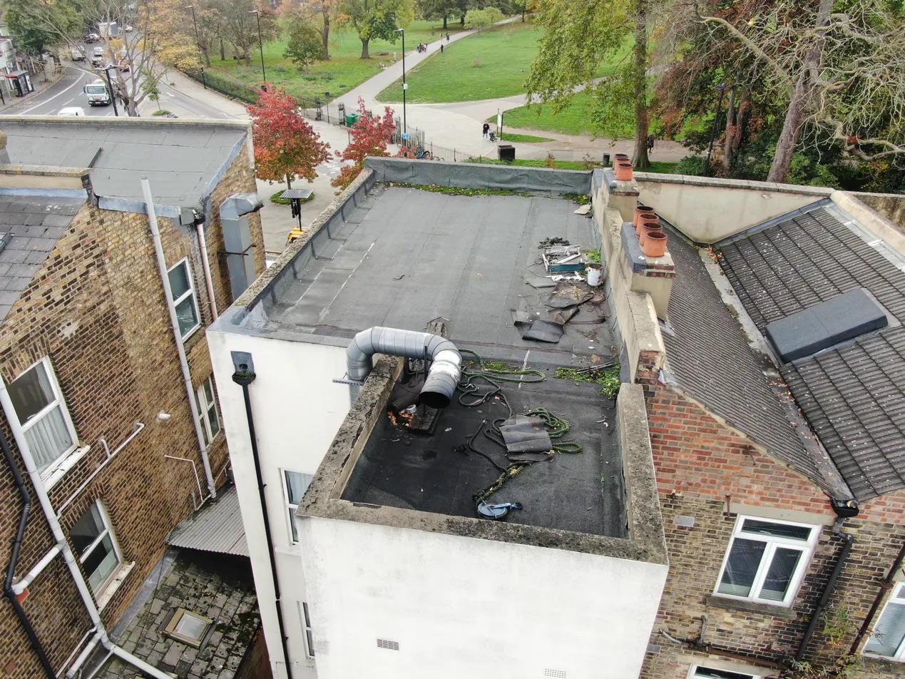Drone survey London close-up roof membrane damage assessment SE24 Herne Hill