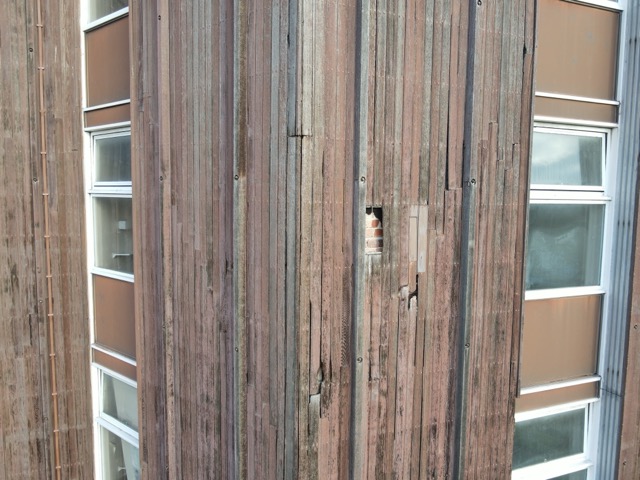 Close-up view of exterior cladding on The Lodge building at Crystal Palace.