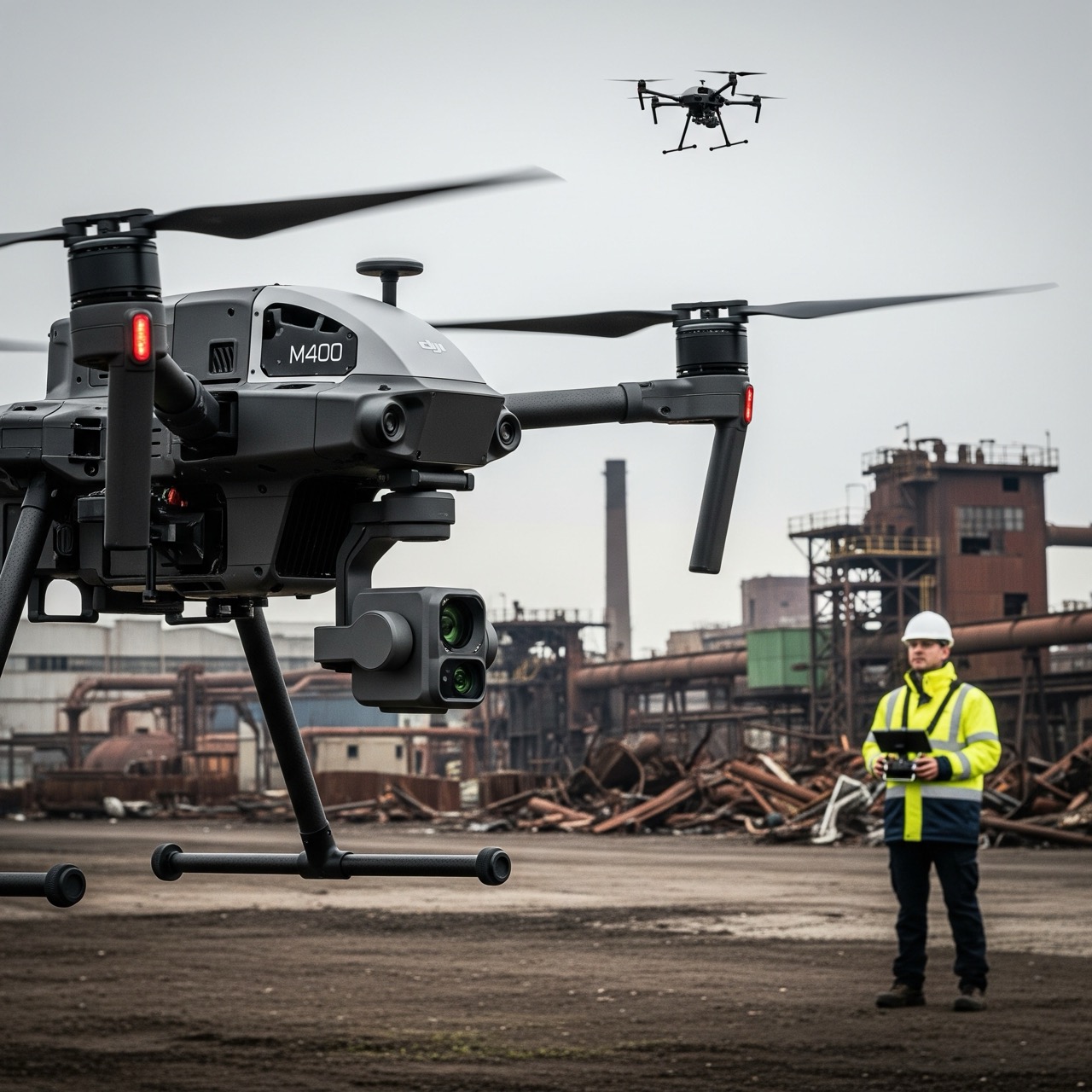  dji matrice m400 and an industrial waste land in the back ground with a drone operator wearing hi vis clothing operating the drone