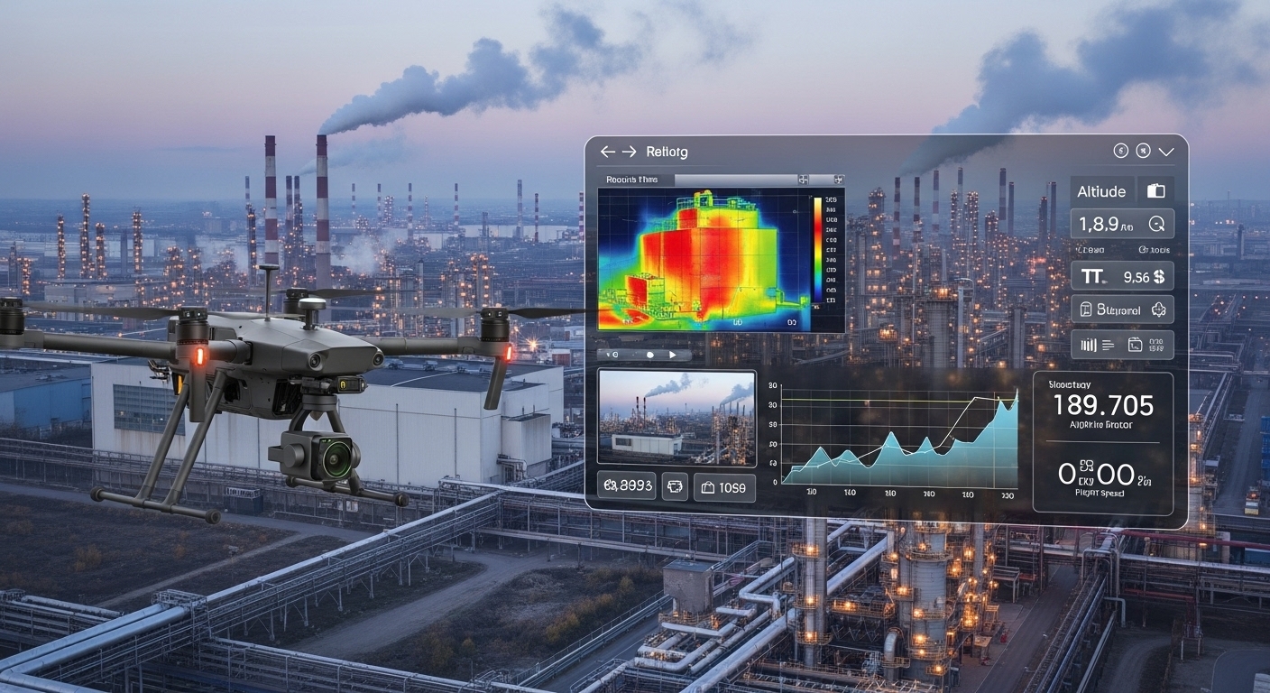 Thermal drone image showing heat loss and insulation defects on a flat commercial roof